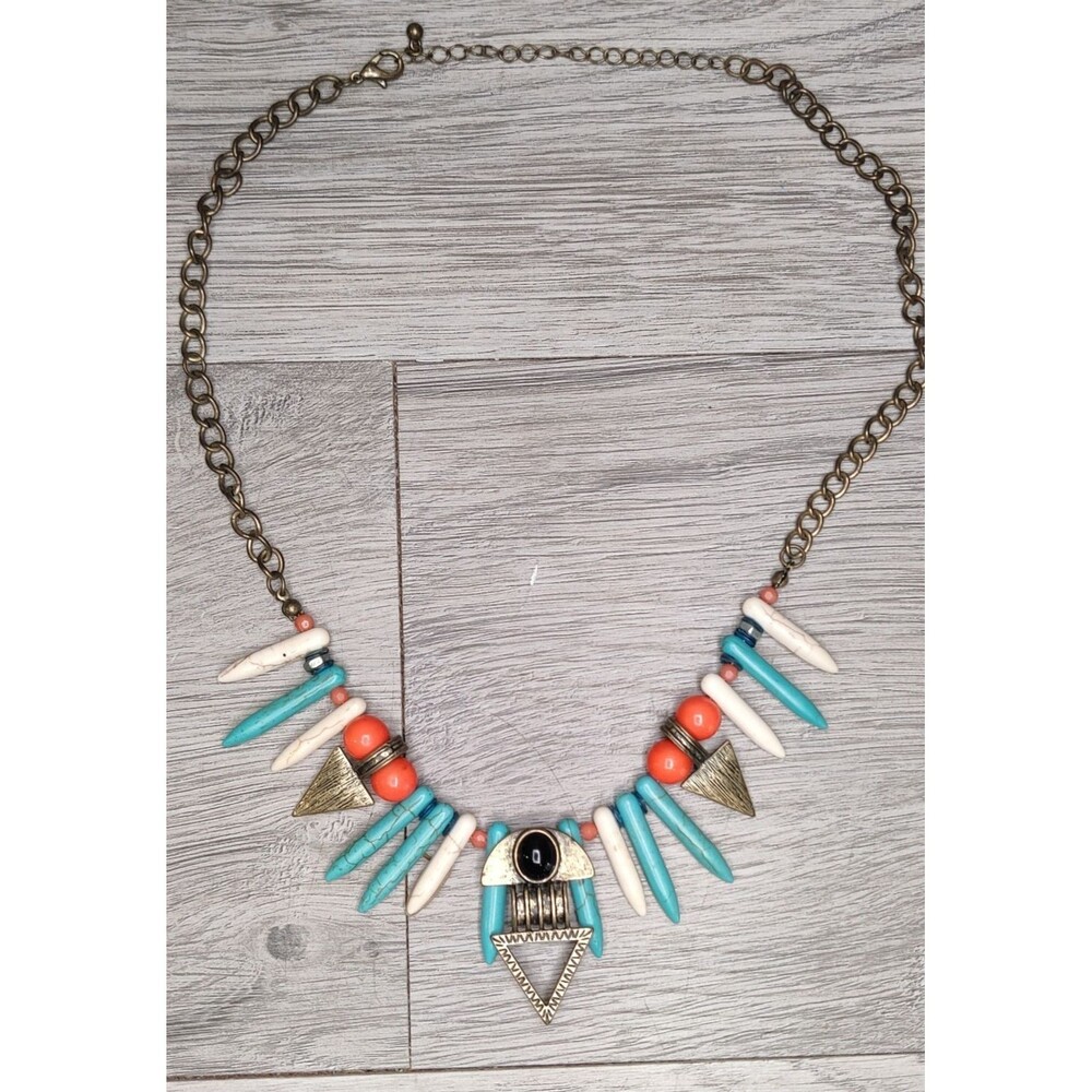 Southwestern Boho Faux Turquoise Coral Spike Statement Necklace Bronze Tone